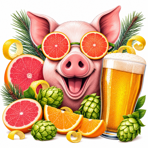 Blind Pig West Coast IPA clone recipe kit artwork with cartoon pig, citrus-slice sunglasses, bright fruit, piney hops, and golden IPA