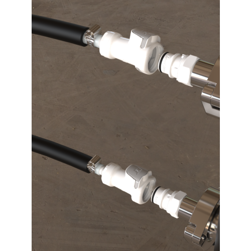 Close up photograph of dry-break quick disconnect set.