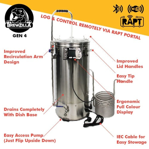 BrewZilla All Grain Brewing System | Gen 4 | Integrated Pump | Includes Wort Chiller | Wifi | Bluetooth| Rapt | 35L | 9.25G | 110V