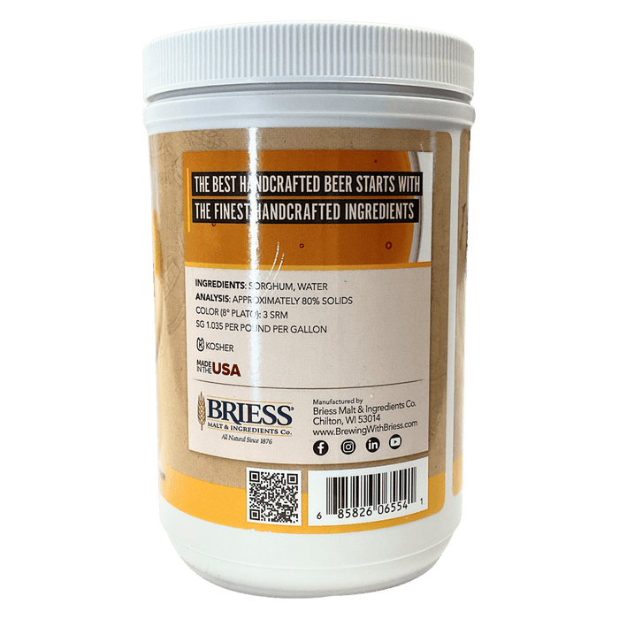 Image of Briess BriesSweet White Grain Sorghum Extract for making gluten free beers, rear of packaging.