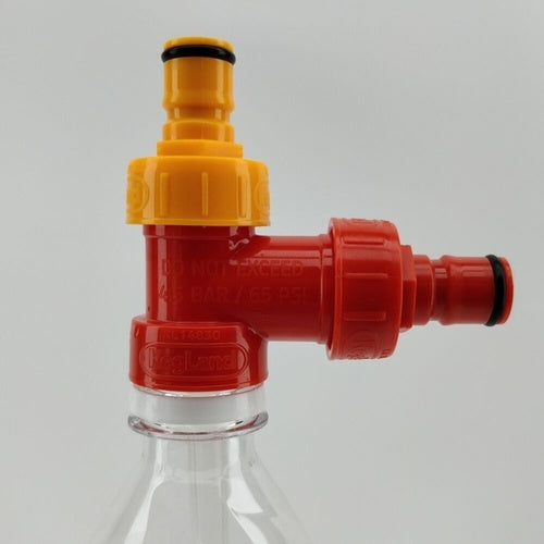 KegLand's Red & Yellow Plastic Carbonation Ball Lock Adapter, shown on 2 liter PET bottle.