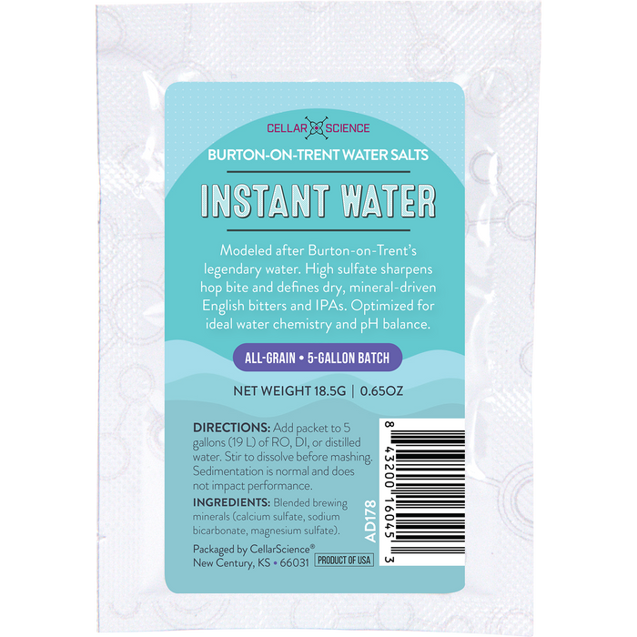 CellarScience Instant Water Burton-on-Trent Water Salts packet for English IPA and bitter brewing.
