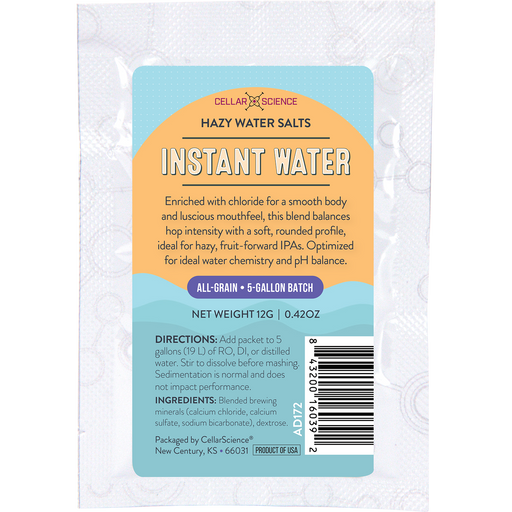 CellarScience Instant Water Hazy Water Salts packet for hazy IPA brewing water adjustment.
