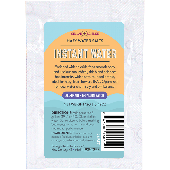 CellarScience Instant Water Hazy Water Salts packet for hazy IPA brewing water adjustment.