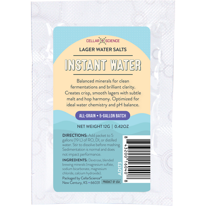 CellarScience Instant Water Lager Water Salts packet for pale and amber lager brewing.