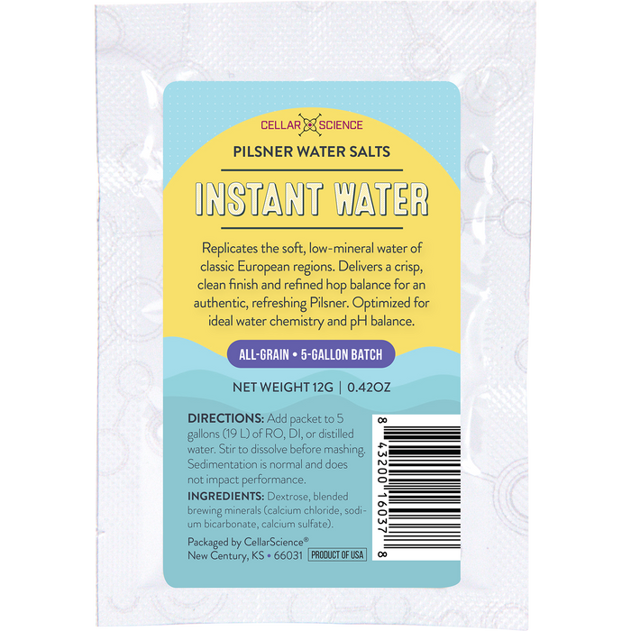 CellarScience Instant Water Pilsner Water Salts packet for all-grain brewing water adjustment.