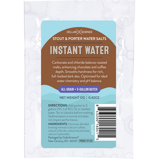 CellarScience Instant Water Stout and Porter Water Salts packet for dark all-grain beer brewing.