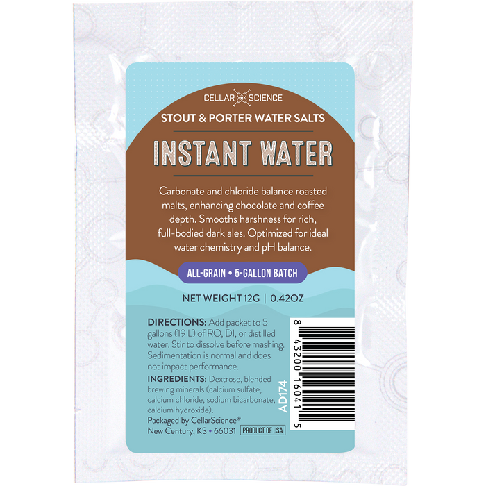 CellarScience Instant Water Stout and Porter Water Salts packet for dark all-grain beer brewing.