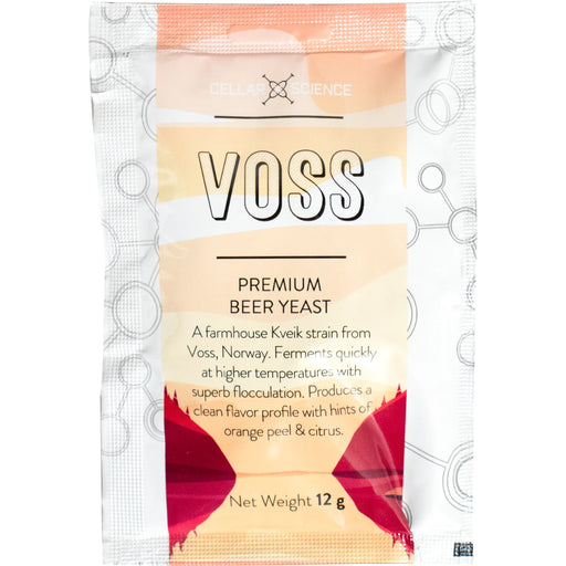 Cellar Science Voss Kveik Dry Yeast yeast packet, front view of sachet, intended for homebrewing.