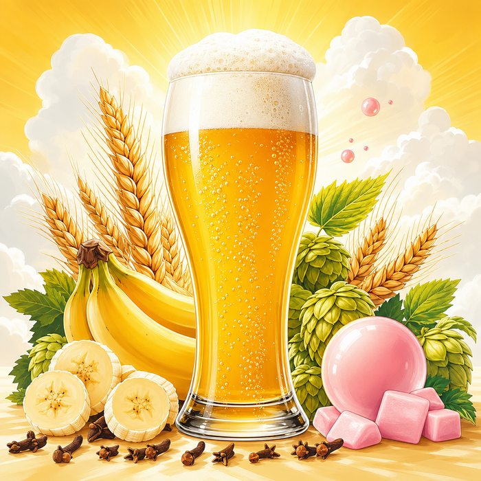Cloudline Hefeweizen all-grain recipe kit illustration with banana, clove, bubblegum, wheat, and hazy wheat beer