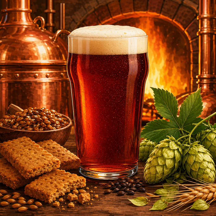 Copper Hearth Irish Red Ale extract recipe kit illustration with copper-red ale, caramel malt, roasted barley, and hops