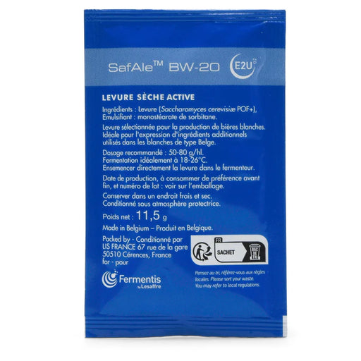 Blue package of SafAle BW-20 Belgian Wheat beer yeast on a white background.