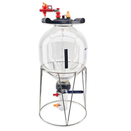 FermZilla Tri-Conical Easy-Grip 27L fermenter angled view with stand and collection jar