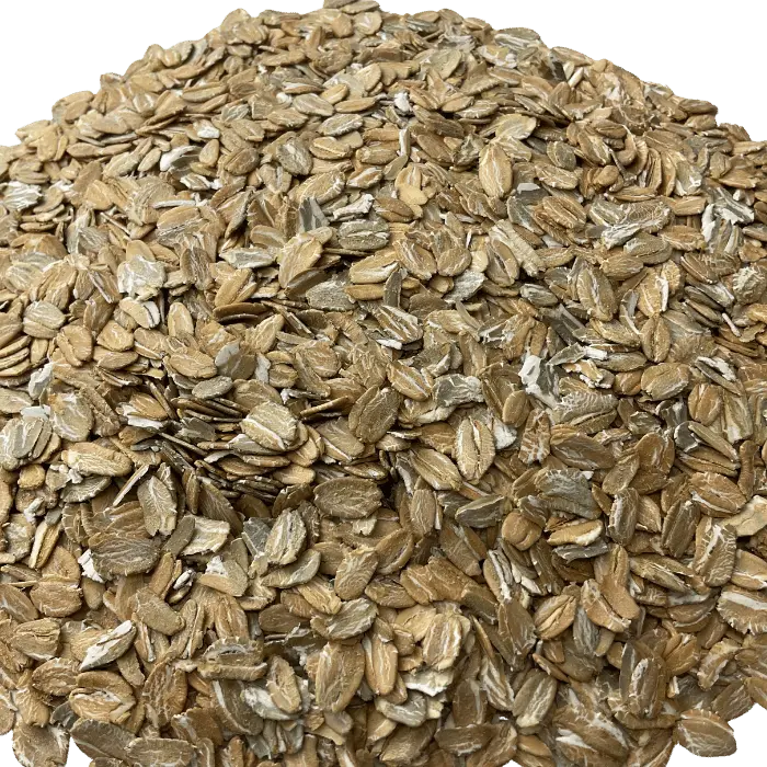 Flaked Rye grain in an up close view to show the quality of grain and color.