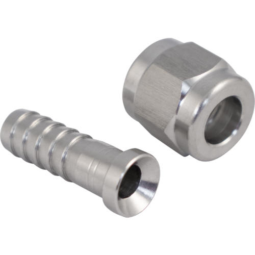 KOMOS Stainless Steel Flared fitting connector with 1/4" nut and 1/4" barbed fitting, disassembled view.
