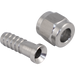KOMOS Stainless Steel Flared fitting connector with 1/4" nut and 1/4" barbed fitting, disassembled view.