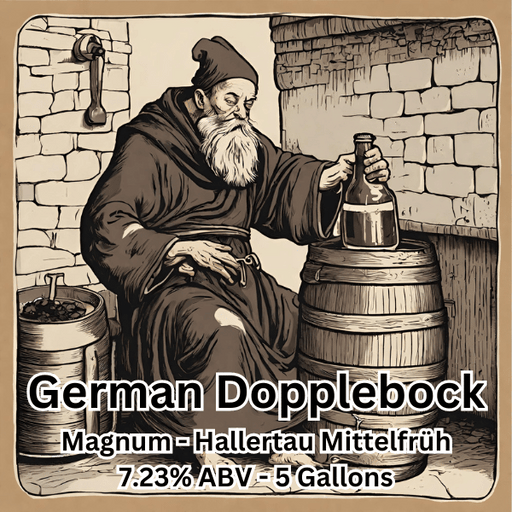 Illustration of a brewing scene with an older monk dispensing liquid from a keg, with text detailing the German Doppelbock recipe kit information.