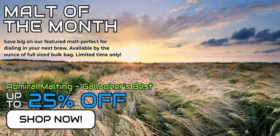 Promotional banner for the malt of the month, scenic barley field background, featuring text about a 'Malt of the Month' offer and a 25% off Admiral Malting - Gallagher's Best Malt.