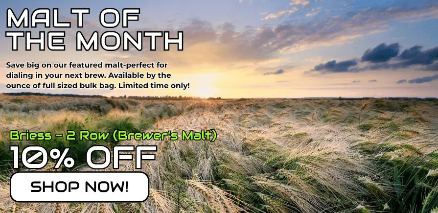 Promotional banner for the malt of the month, scenic barley field background, featuring text about a 'Malt of the Month' offer and a 10% off Briess 2-Row Brewer's Malt.