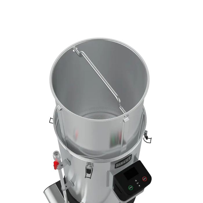Stainless Steel Grainfather G30 v3 Beer Brewing System, showing lifted grain basket