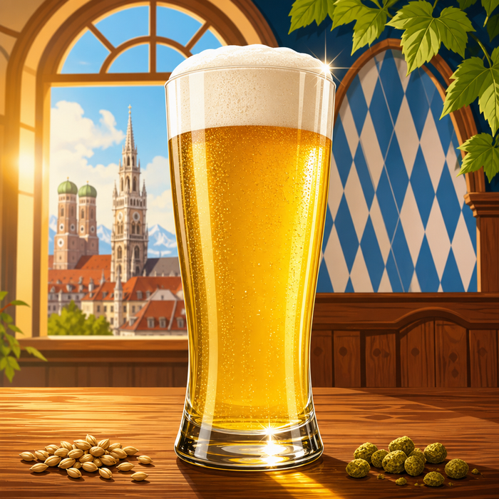 Helles Window Munich Helles extract recipe kit Bavarian-style illustrated art with golden lager and subtle malt and hop accents