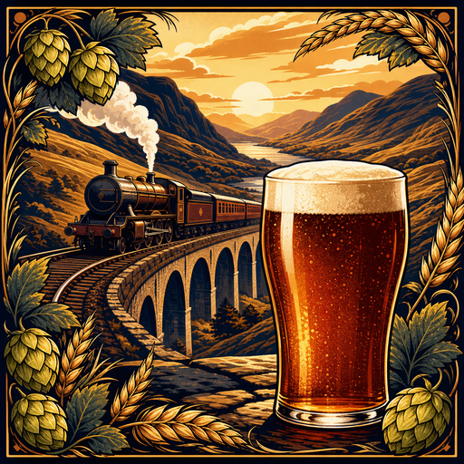 Highland Line Scottish Export illustrated recipe kit artwork with amber ale, railway, malt, and hops