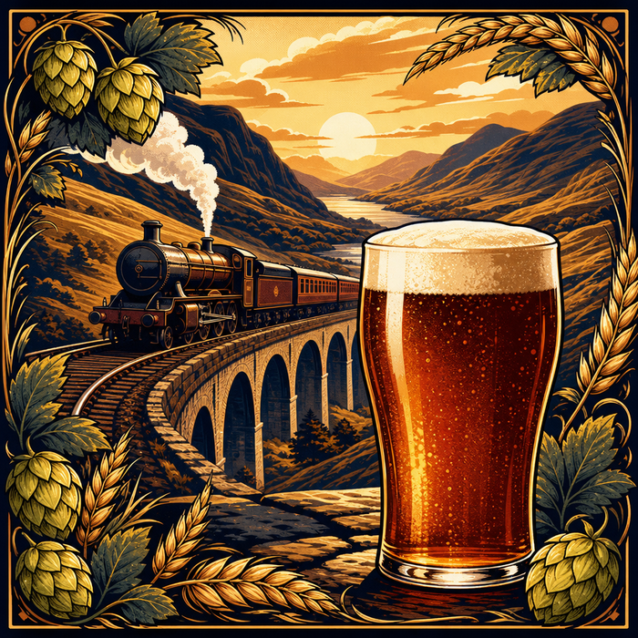 Highland Line Scottish Export illustrated recipe kit artwork with amber ale, railway, malt, and hops