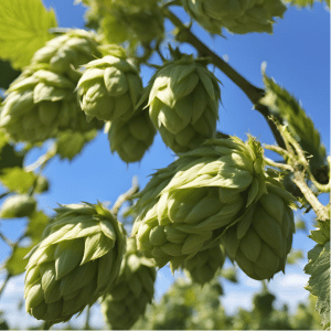 Close up image of ripe hops on the bines, ready to be harvested and used in beer making. The text title reads, "Hops from Around the World".