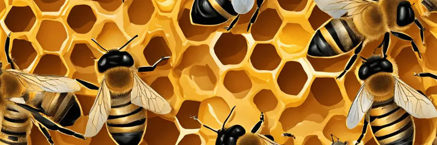 Illustration of worker bees tending to their honeycomb which will then be used to make Mead at home.
