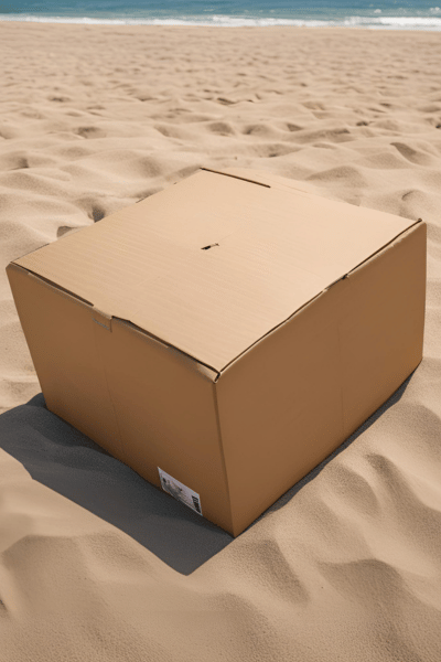 SoCal Brewing Supply shipping box on the sand at a Southern California beach.