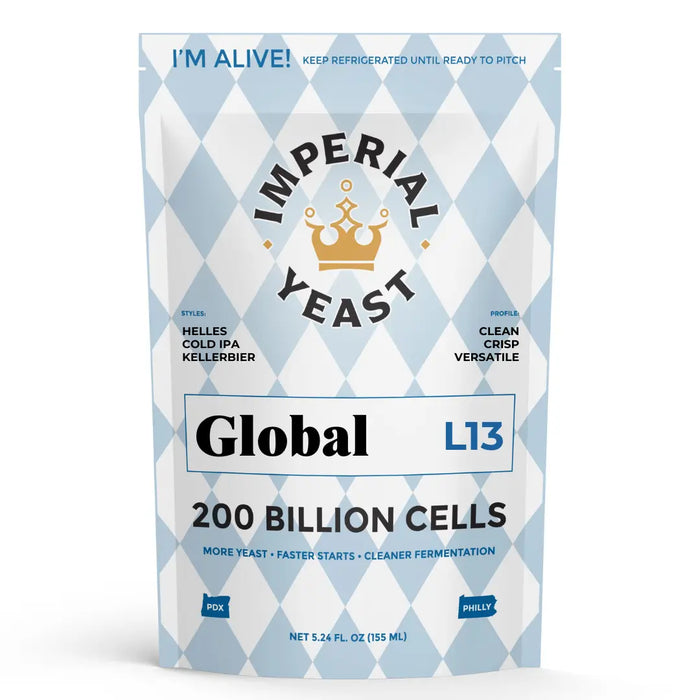 Imperial Yeast Global, liquid brewing yeast pouch for beer fermentation.