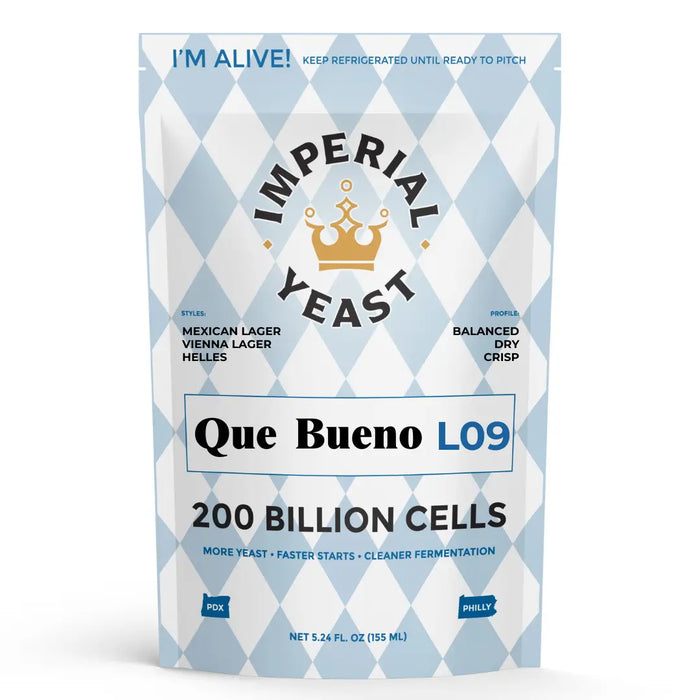 Imperial Yeast Que Bueno, liquid brewing yeast pouch for beer fermentation.
