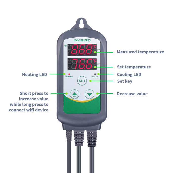 Inkbird ITC-308-WIFI display and button controls for heating and cooling settings