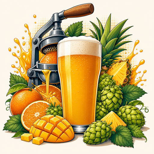 Hazy IPA all-grain clone recipe kit illustrated artwork with juicy citrus, tropical fruit, hops, and hazy golden beer