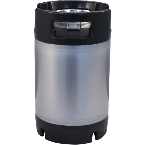 Side view of the stainless steel 2.5 gallon corny keg, ball lock connection posts.