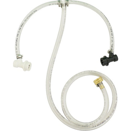 A ball lock hose kit for cleaning kegs, consisting of a clear flexible tube with fittings and a garden hose connection.