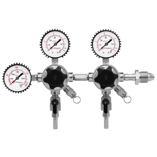 Kegco Elite Series dual body nitrogen draft regulator with three gauges and two 5/16 in. barbed outlets