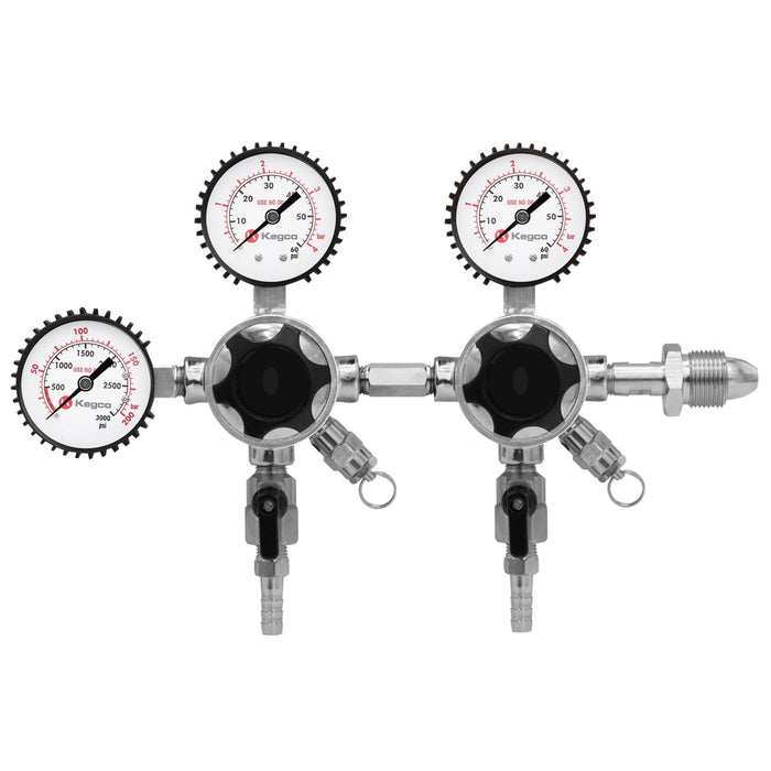 Kegco Elite Series dual body nitrogen draft regulator with three gauges and two 5/16 in. barbed outlets