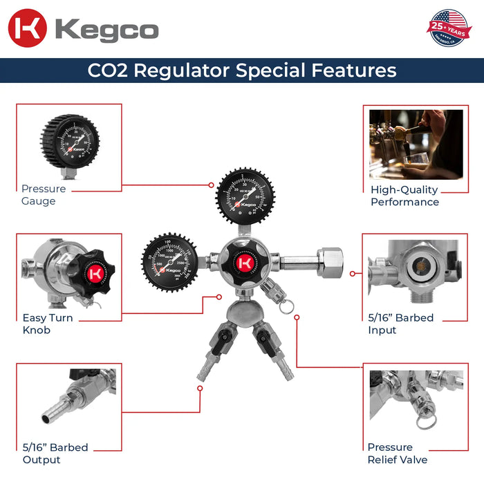 Kegco Elite Series Dual Gauge CO2 Regulator – Dual Output