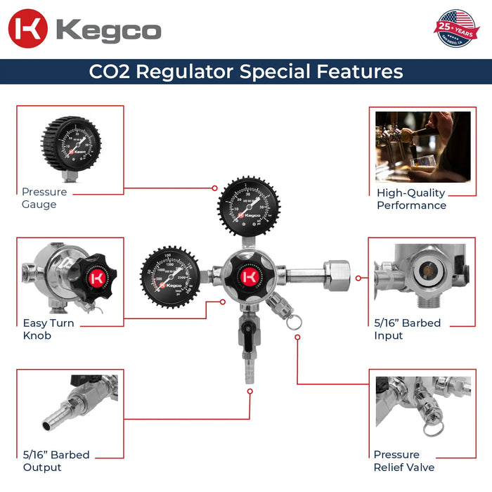 Kegco Elite Series Dual Gauge CO2 Regulator – Single Output