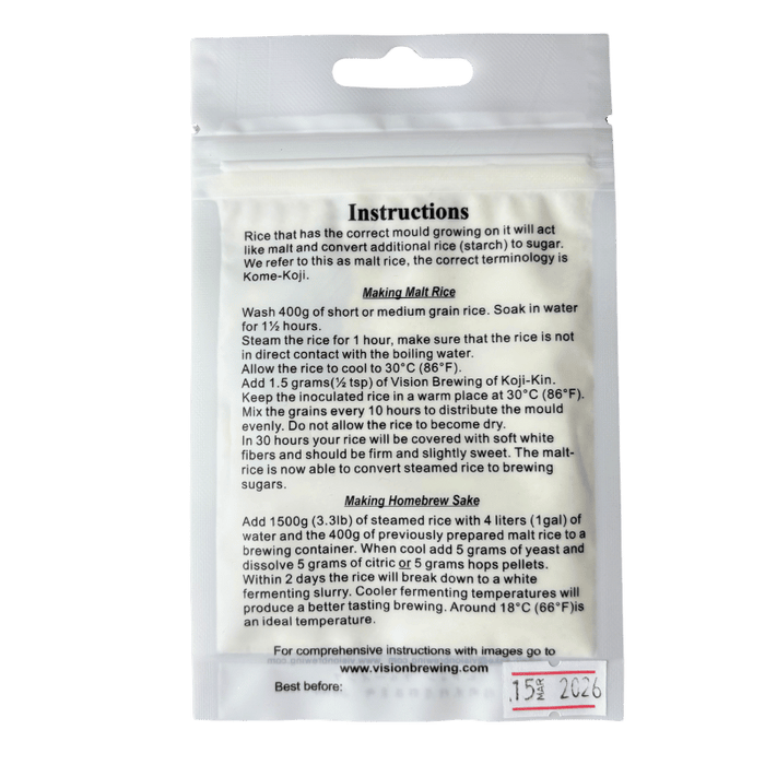 Vision Brewing Sake Starter Koji-Kin in 10g packet for making Kome-Koji, back of bag featuring the instructions.