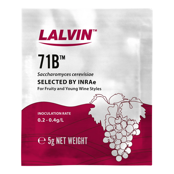 Lalvin 71B yeast package with grape illustration on a white background