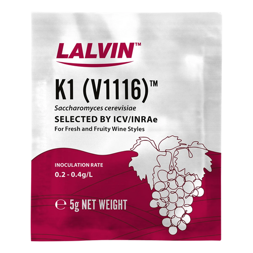 Lalvin K1 (V1116) wine yeast package with grape illustration on a white background