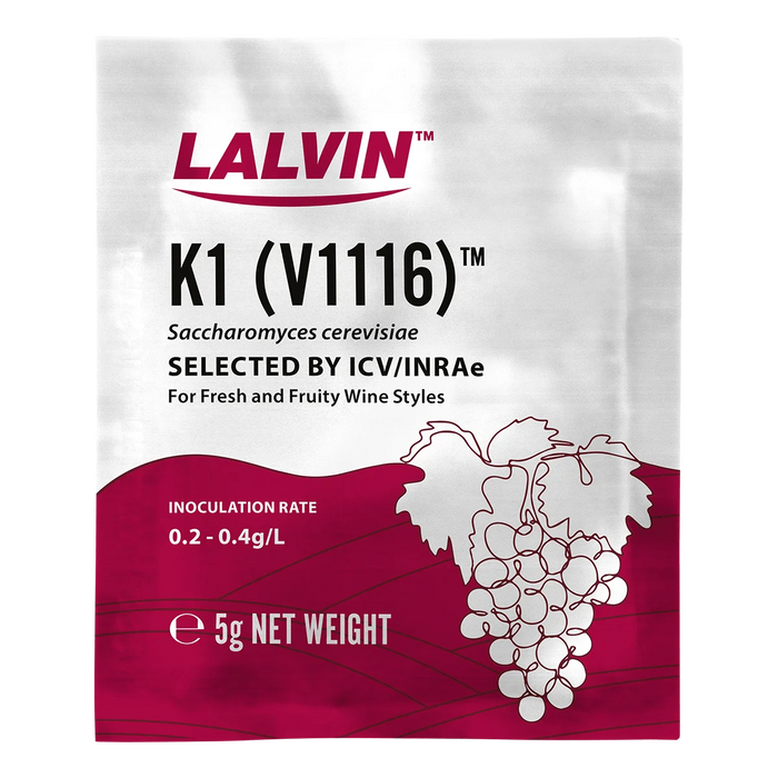 Lalvin K1 (V1116) wine yeast package with grape illustration on a white background