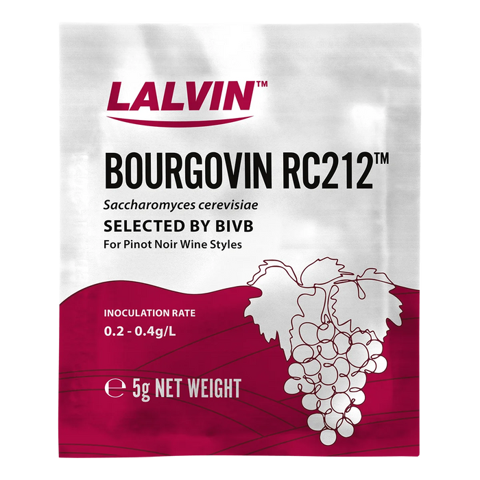 Lalvin Bourgovin RC212 wine yeast package on a white background