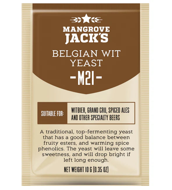 Mangrove Jack’s M21 Belgian Wit Yeast yeast packet M21 front view for homebrewing.