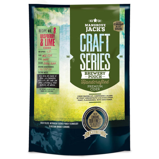 Package of Mangrove Jack's Craft Series of Hard Apple Ciders, Recipe 8, Raspberry & Lime flavor.