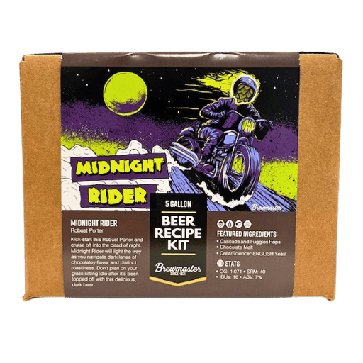 Front of Midnight Rider Beer Kit packaging, showing the art  work, product description and finished beer expected specifications.