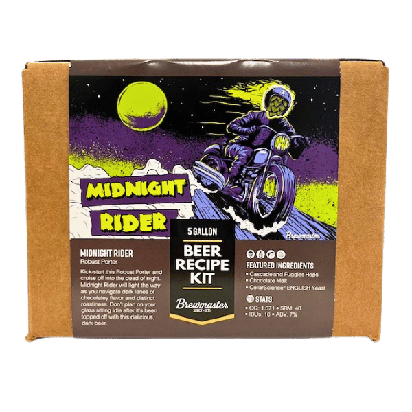 Front of Midnight Rider Beer Kit packaging, showing the art  work, product description and finished beer expected specifications.