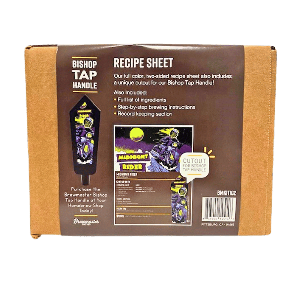 Rear of Midnight Rider Beer Kit, showing the tap handle insert art and kit contents.